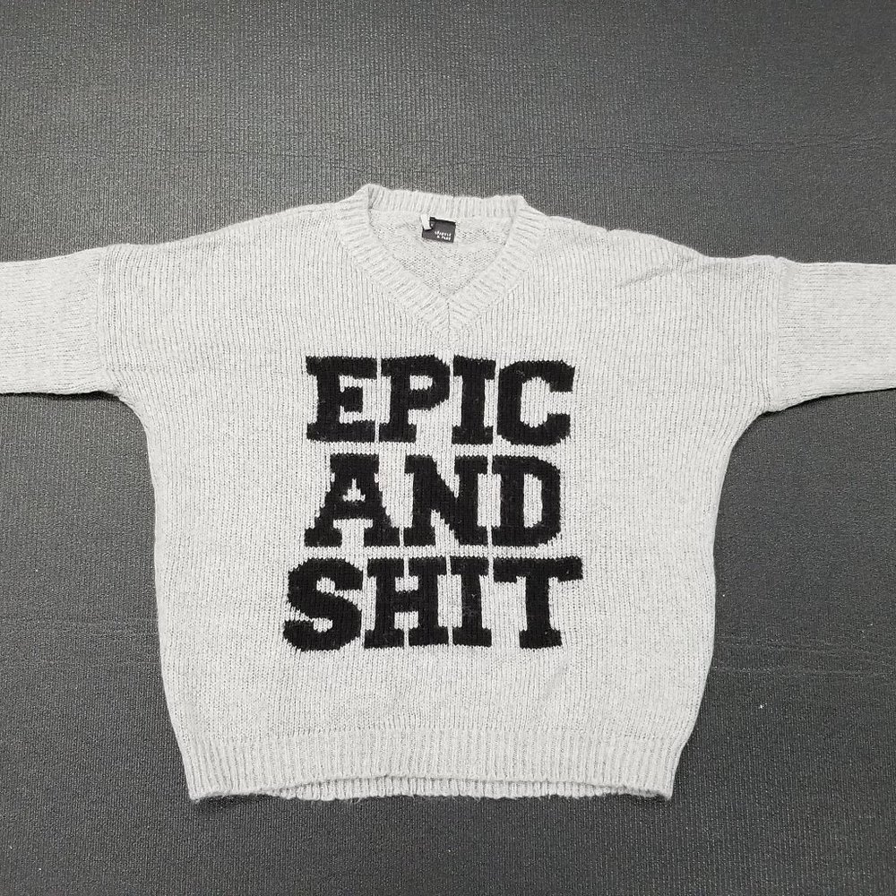 Epic and Shit Knit Sweater SMALL Sparkle and Fade V-Neck Gray Black